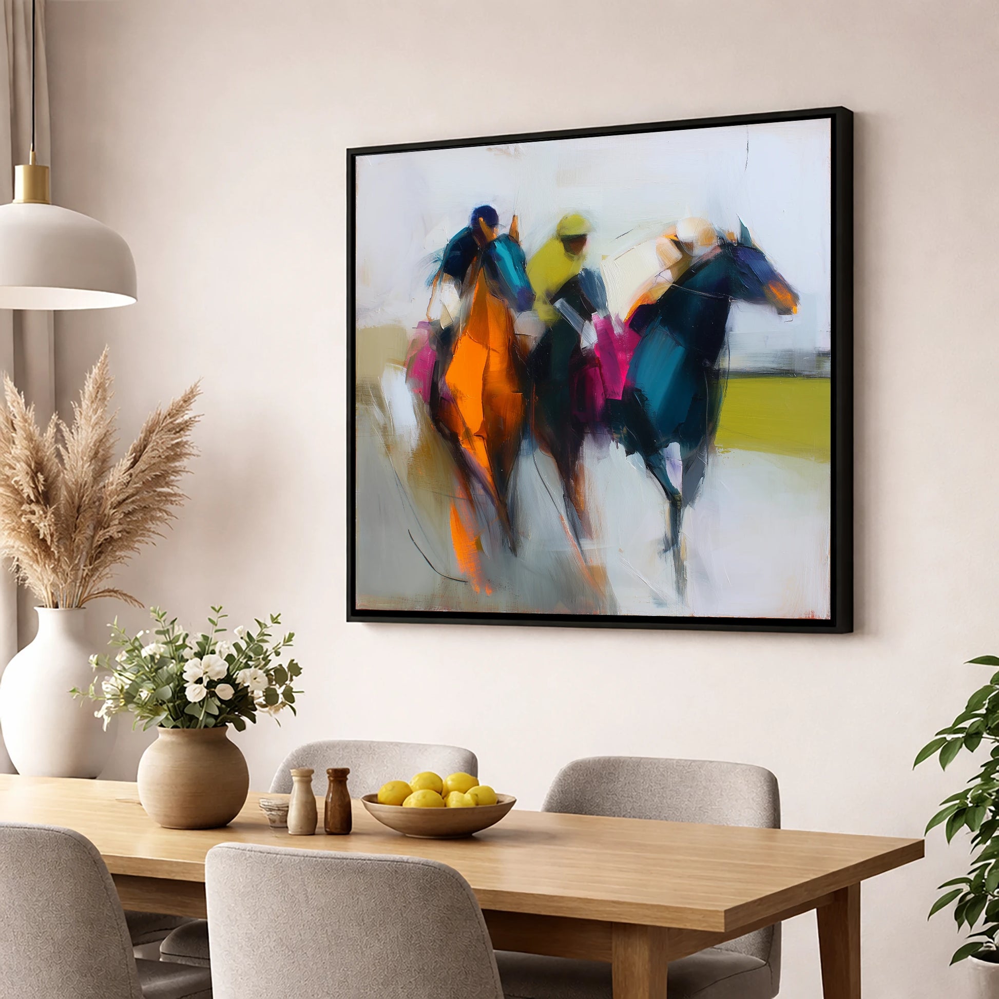 The Colour of Speed racing horse wall art displayed in a dining room