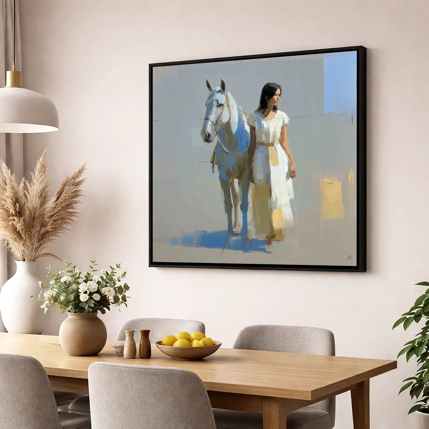 Beside the Grey horse & rider wall art displayed in a dining room
