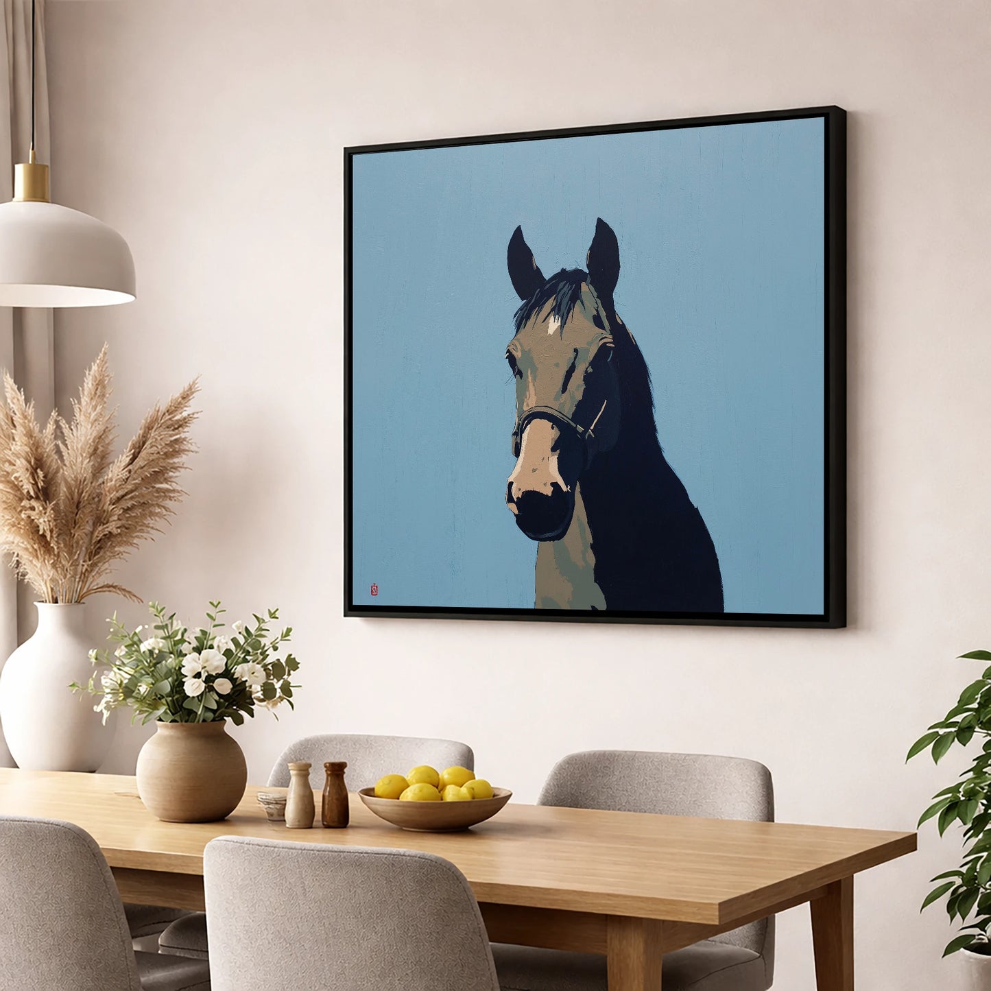 Cerulean Shadow Portrait horse portrait wall art displayed in a dining room