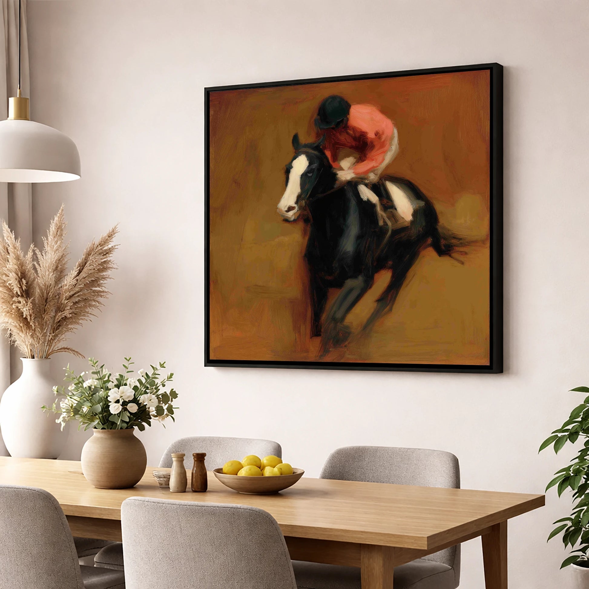 Terracotta Thunder racing horse wall art displayed in a dining room