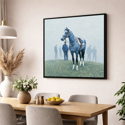 Waiting in the Mist racing horse wall art displayed in a dining room