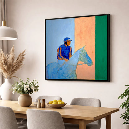 Stillness In The Saddle racing horse wall art displayed in a dining room