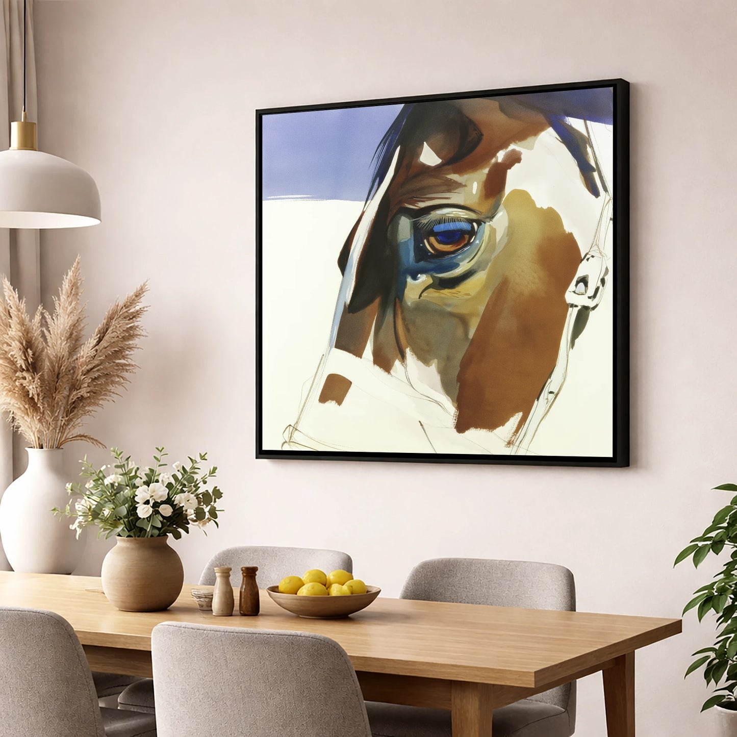 The Indigo Gaze horse portrait wall art displayed in a dining room