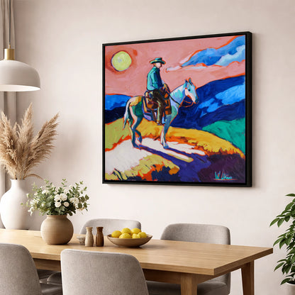 Technicolour Trail Rider western horse wall art displayed in a dining room