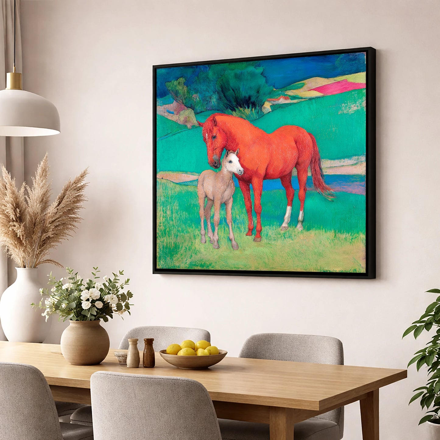 Vibrant Maternal Bond mare & foal wall art displayed in a dining room