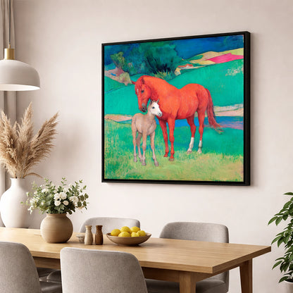 Vibrant Maternal Bond mare & foal wall art displayed in a dining room