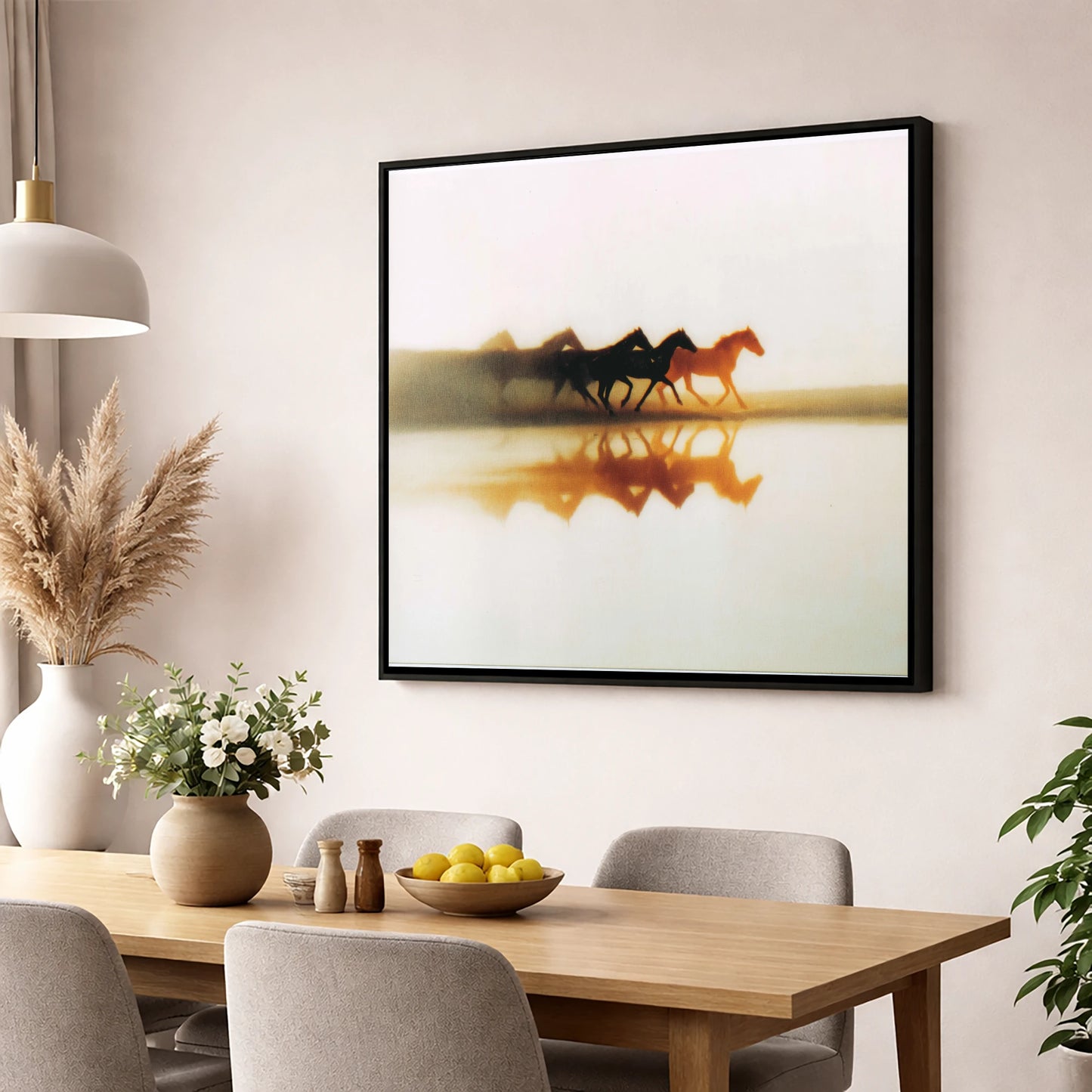 Whispers of the Herd wild horses wall art displayed in a dining room