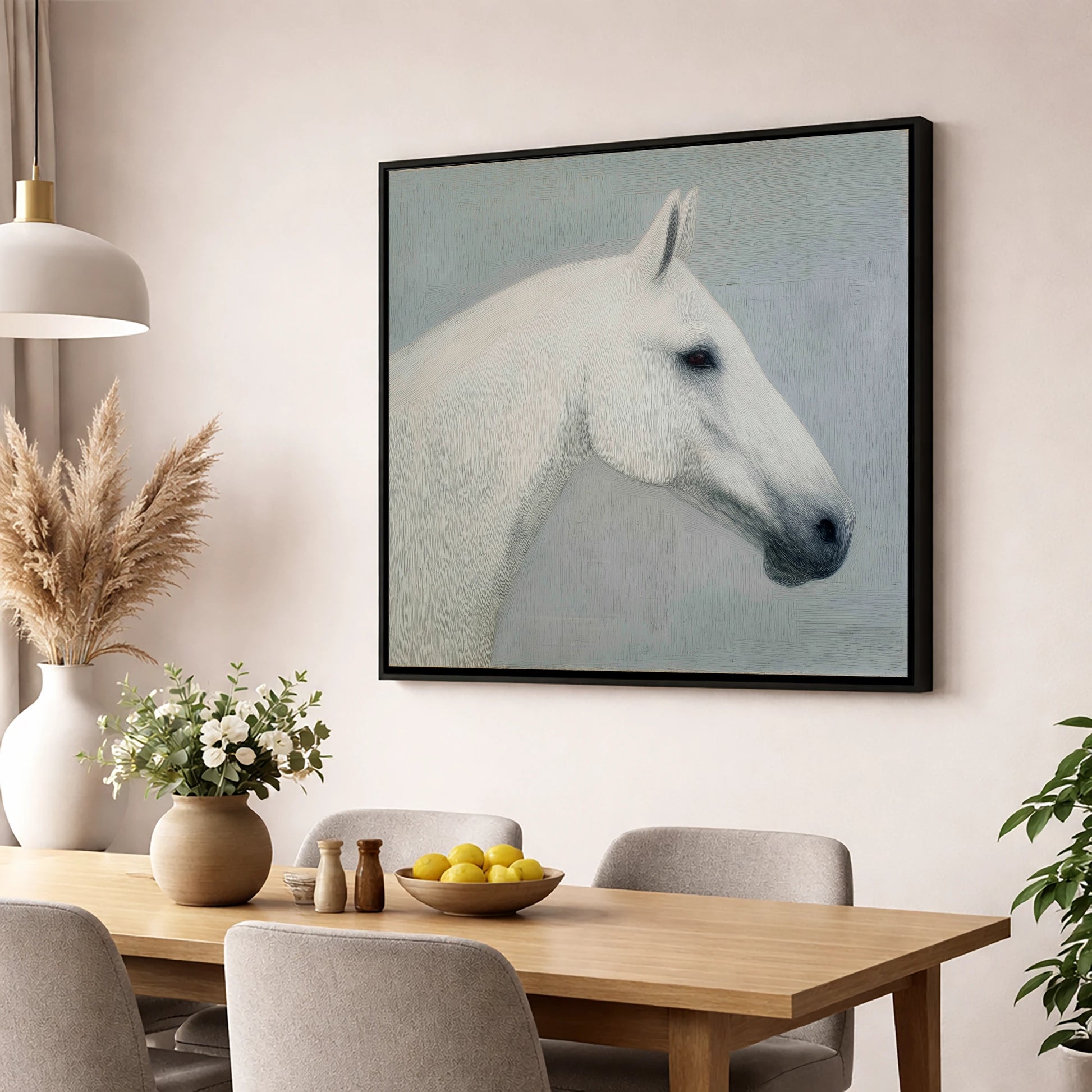 Ethereal Grey Portrait horse portrait wall art displayed in a dining room