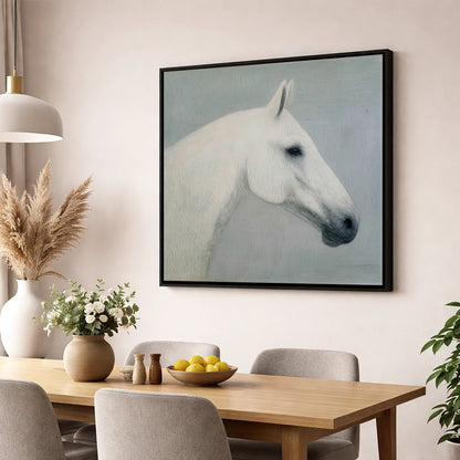 Ethereal Grey Portrait horse portrait wall art displayed in a dining room