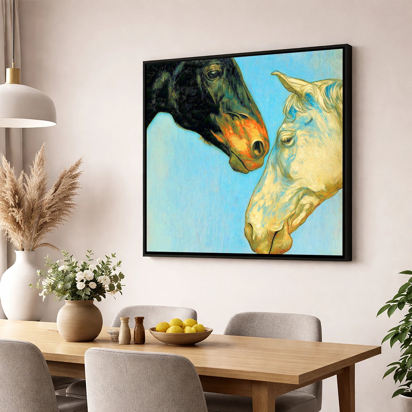 Sun and Shadow horse portrait wall art displayed in a dining room