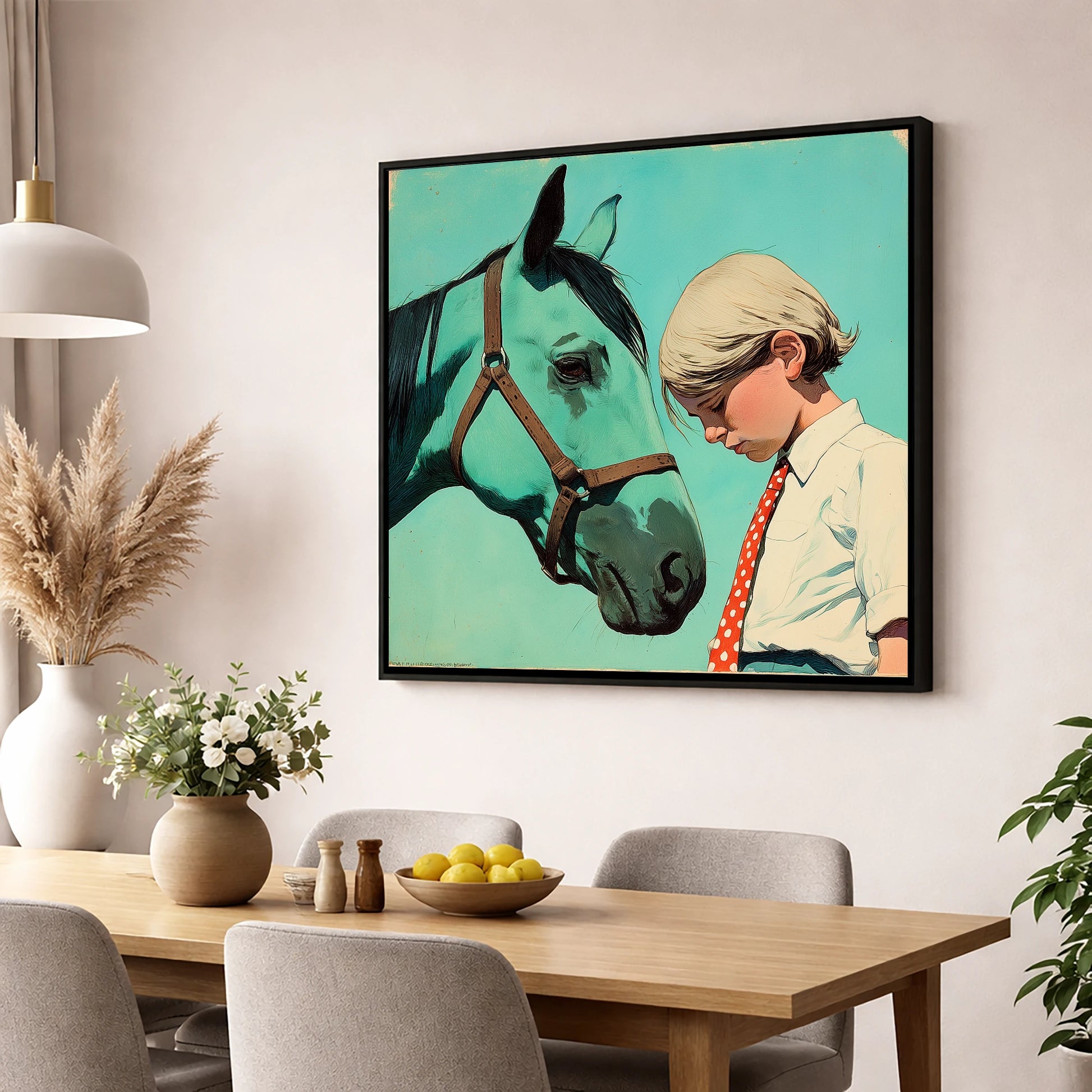 The Unspoken Bond horse & rider wall art displayed in a dining room