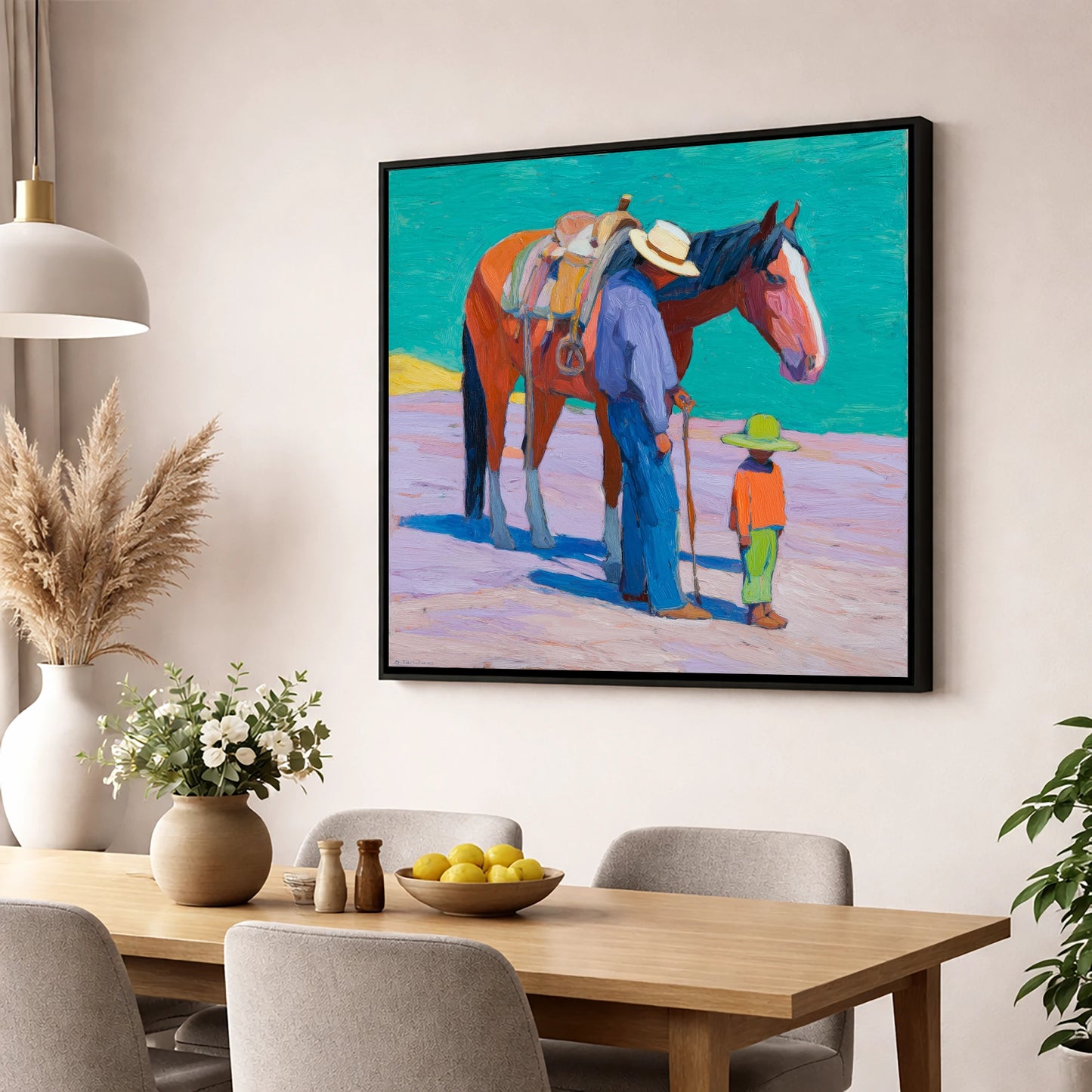 Sunlit Companions horse & rider wall art displayed in a dining room