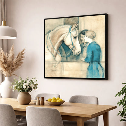 A Gentle Exchange horse & rider wall art displayed in a dining room