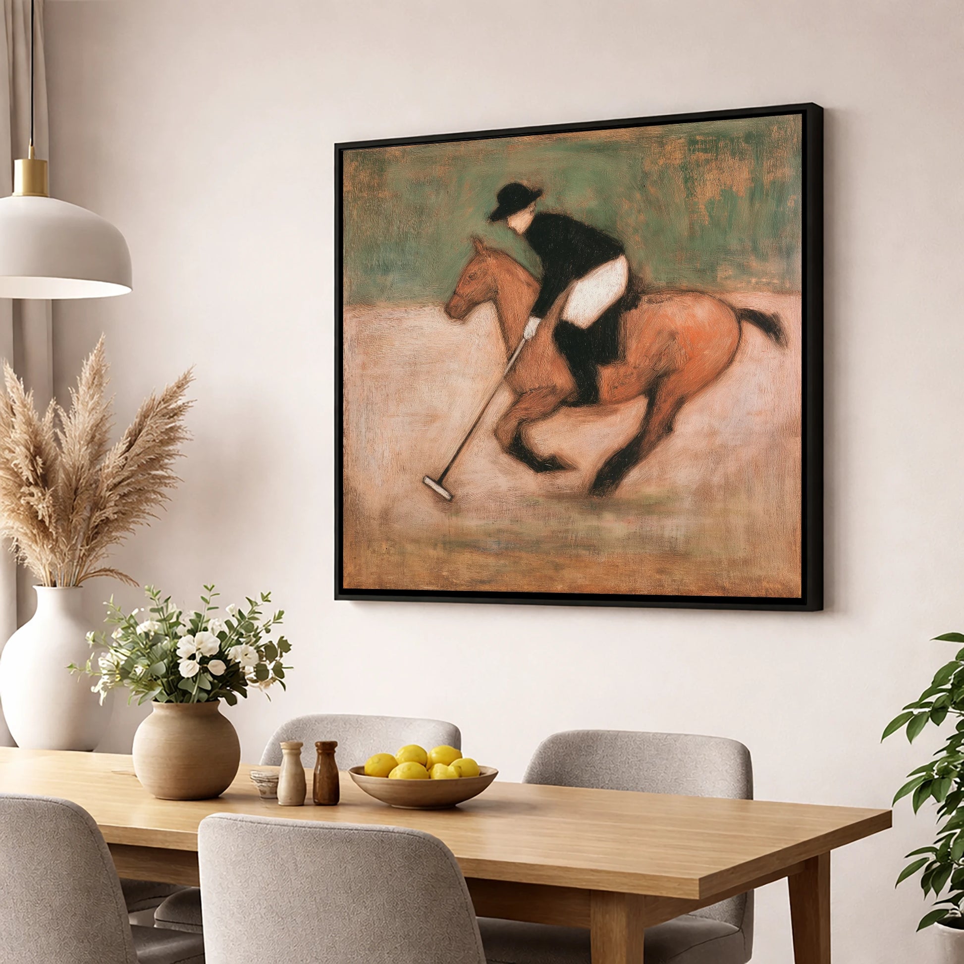 Polo at the Canter polo horse wall art displayed in a dining room