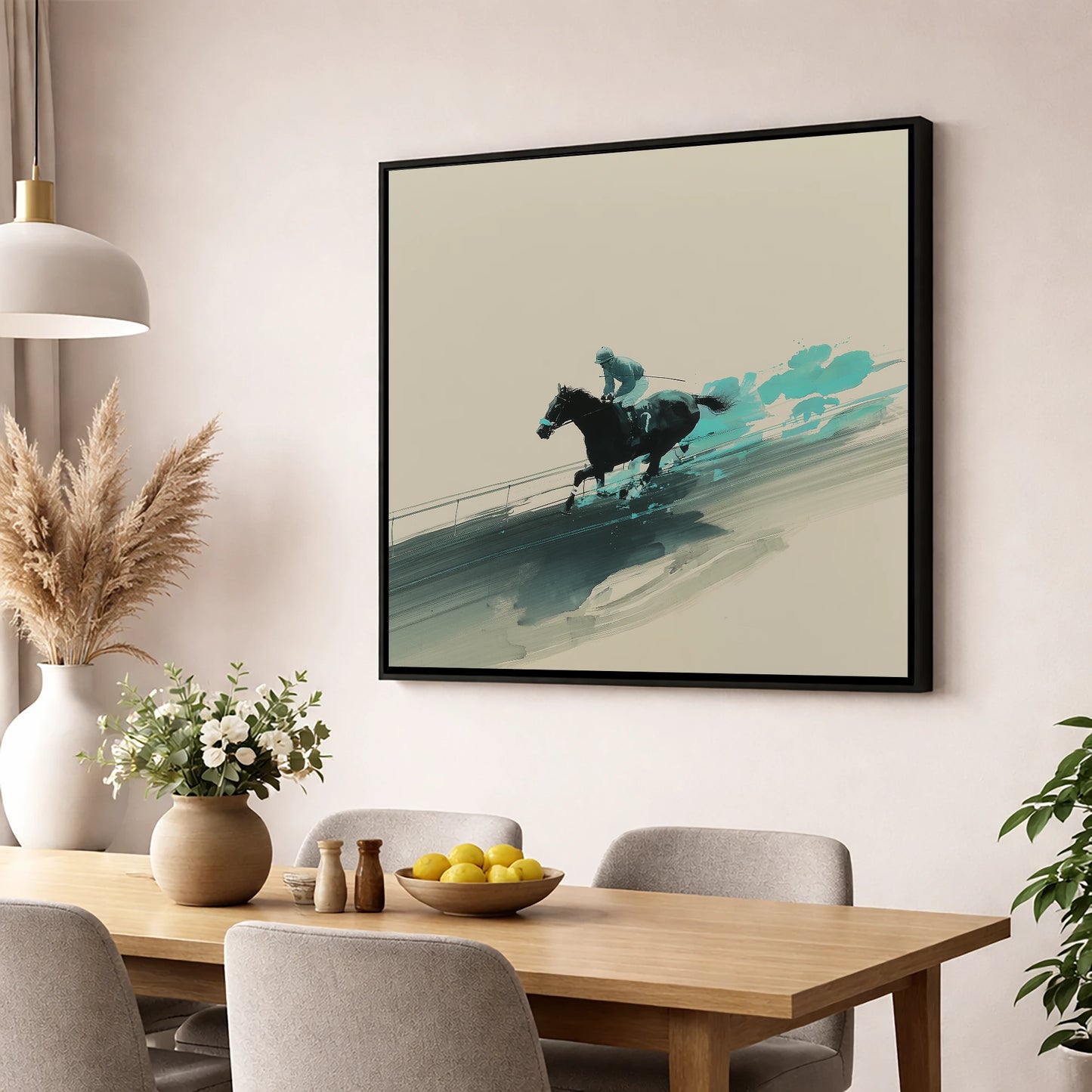 Velocity in Teal racing horse wall art displayed in a dining room