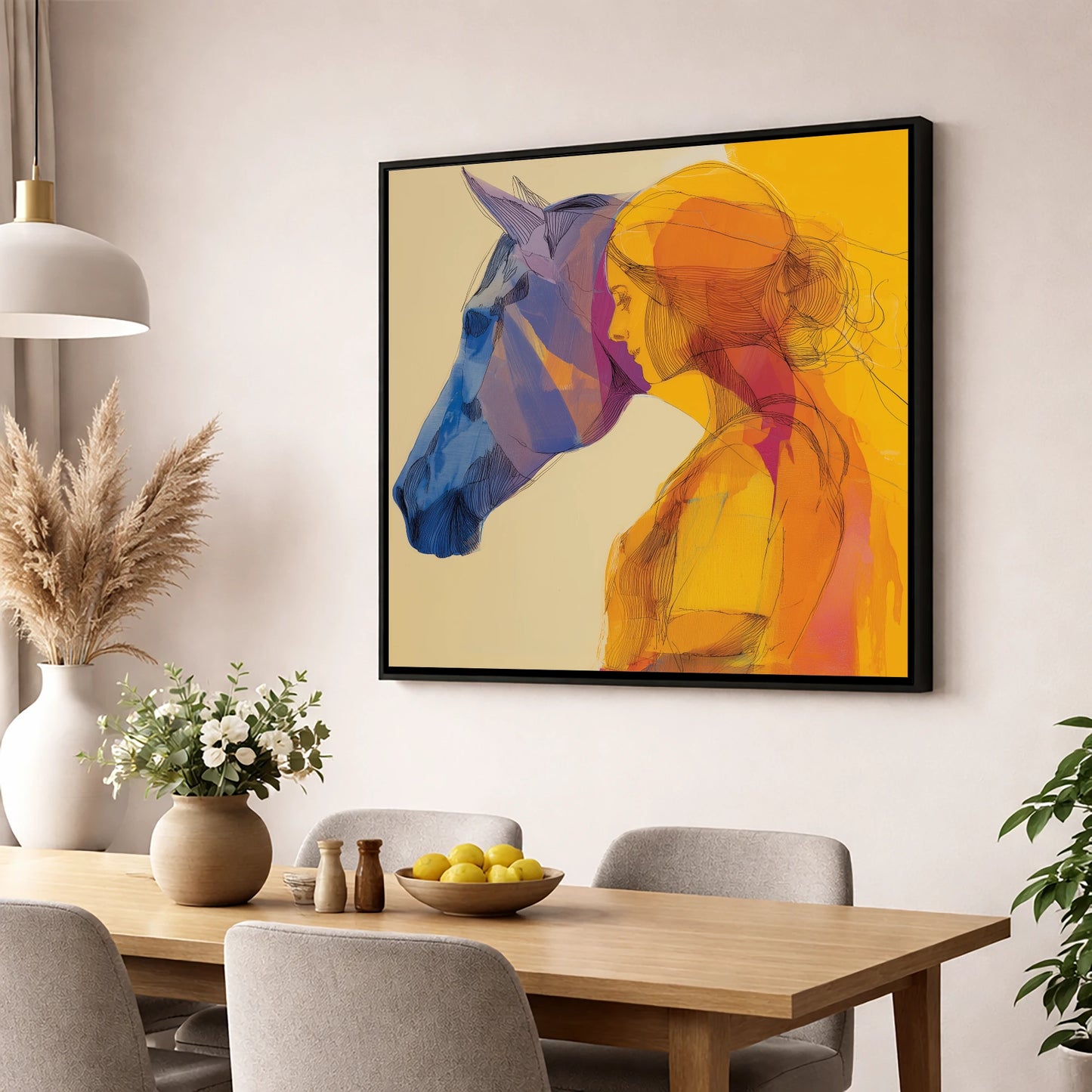 Vibrant Bond horse & rider wall art displayed in a dining room
