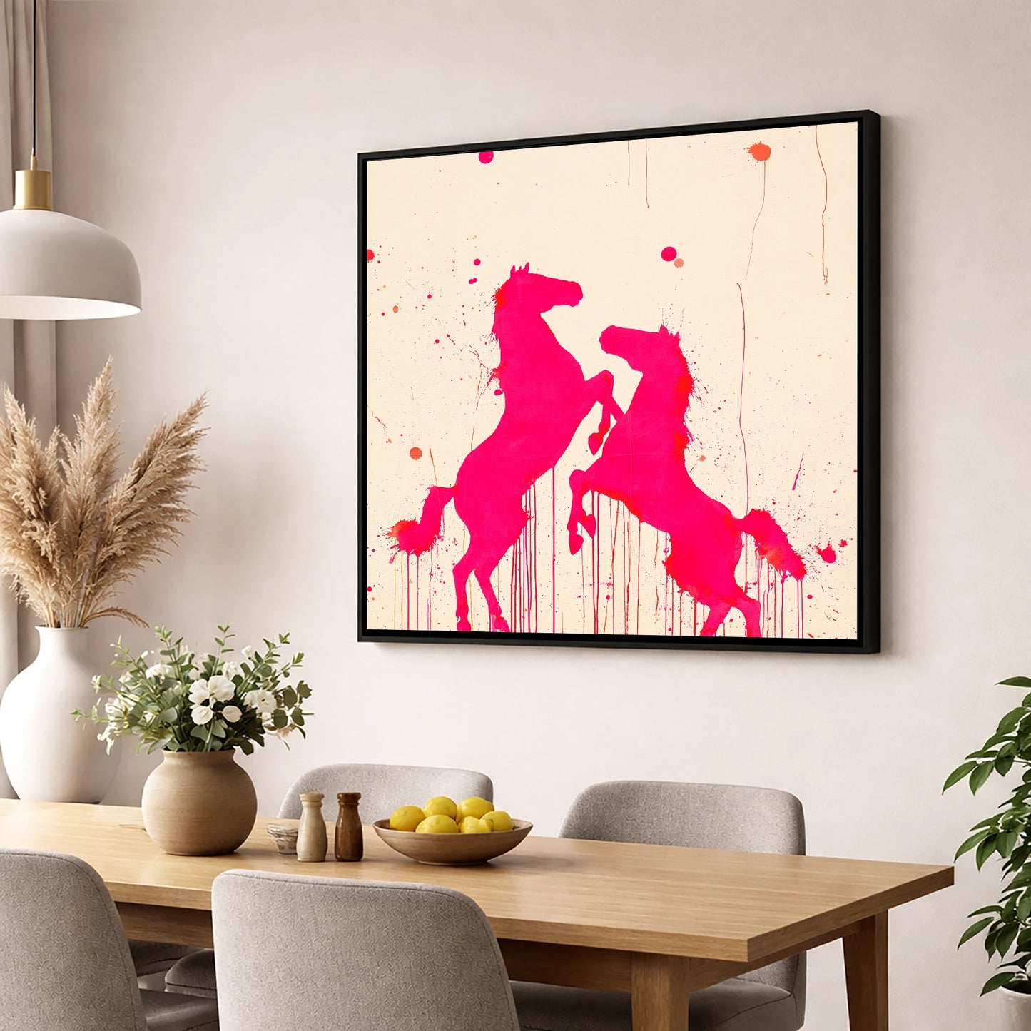 Magenta Equine Dance wild horses wall art displayed in a dining room