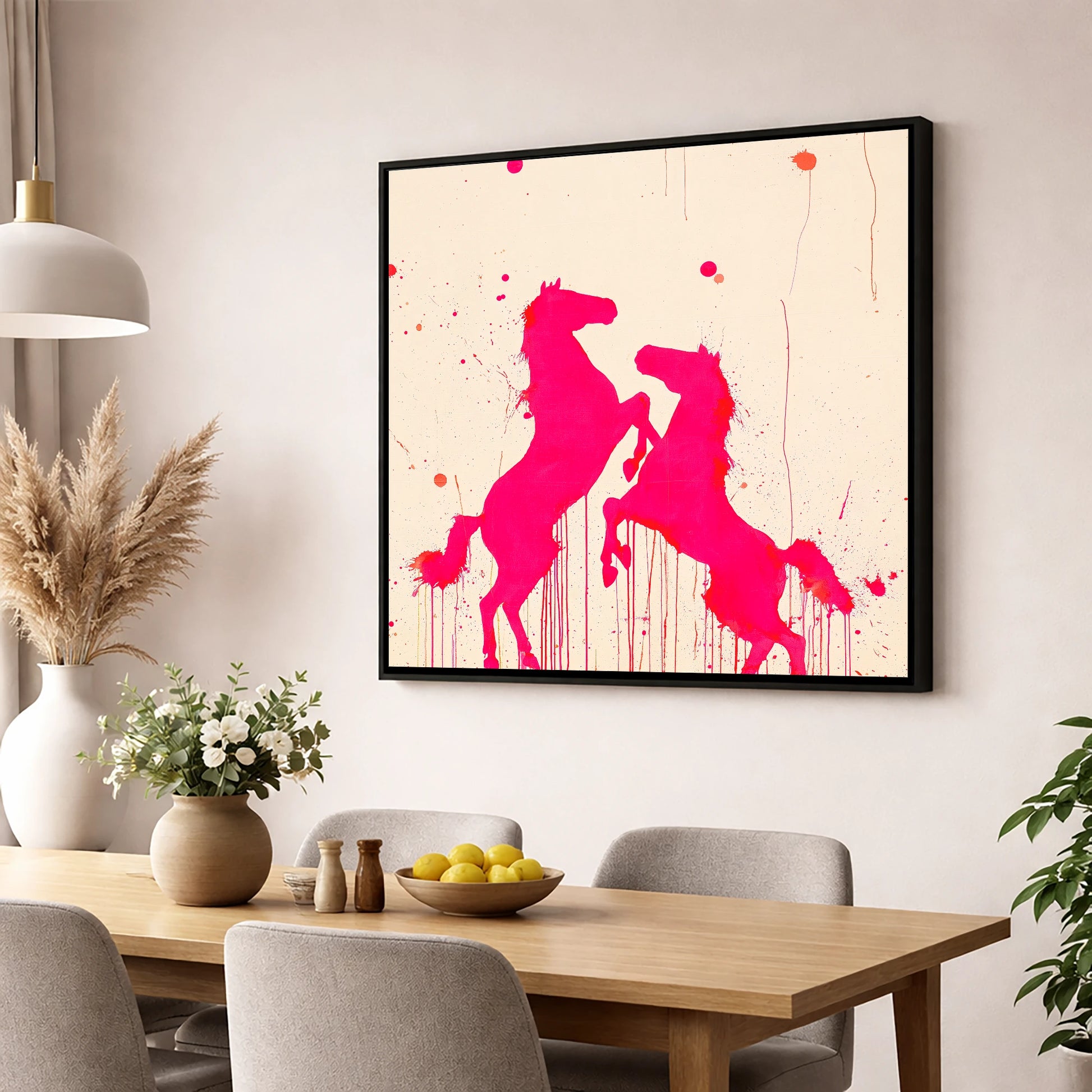 Magenta Equine Dance wild horses wall art displayed in a dining room