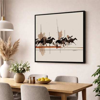 Surge to the Wire racing horse wall art displayed in a dining room