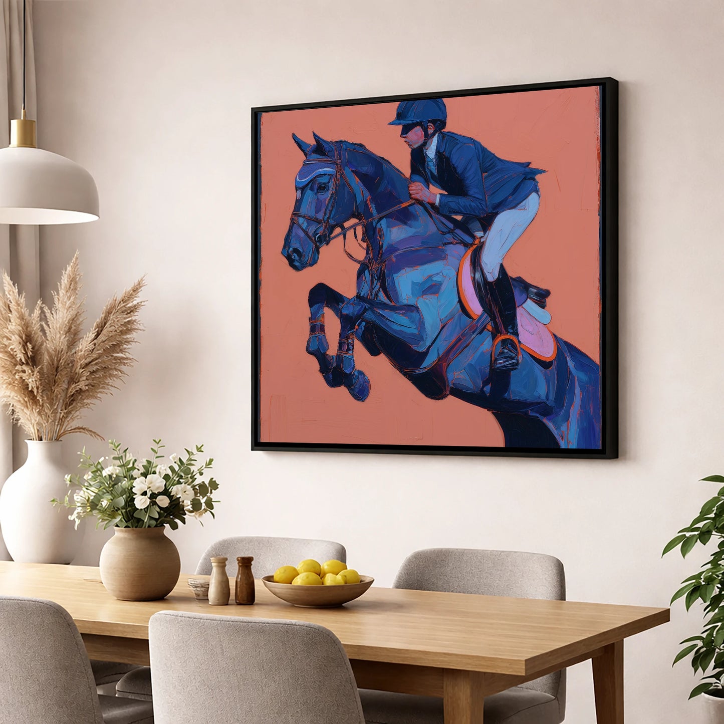 Indigo Flight show jumping horse wall art displayed in a dining room