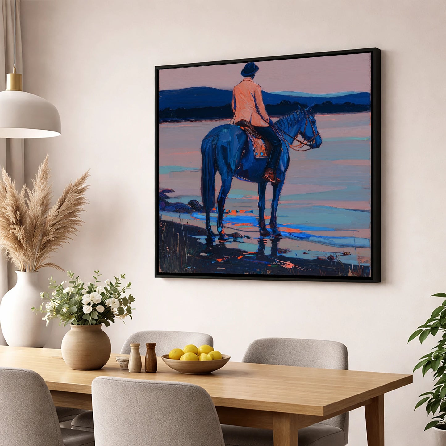 Indigo Coastal Hack beach horse wall art displayed in a dining room
