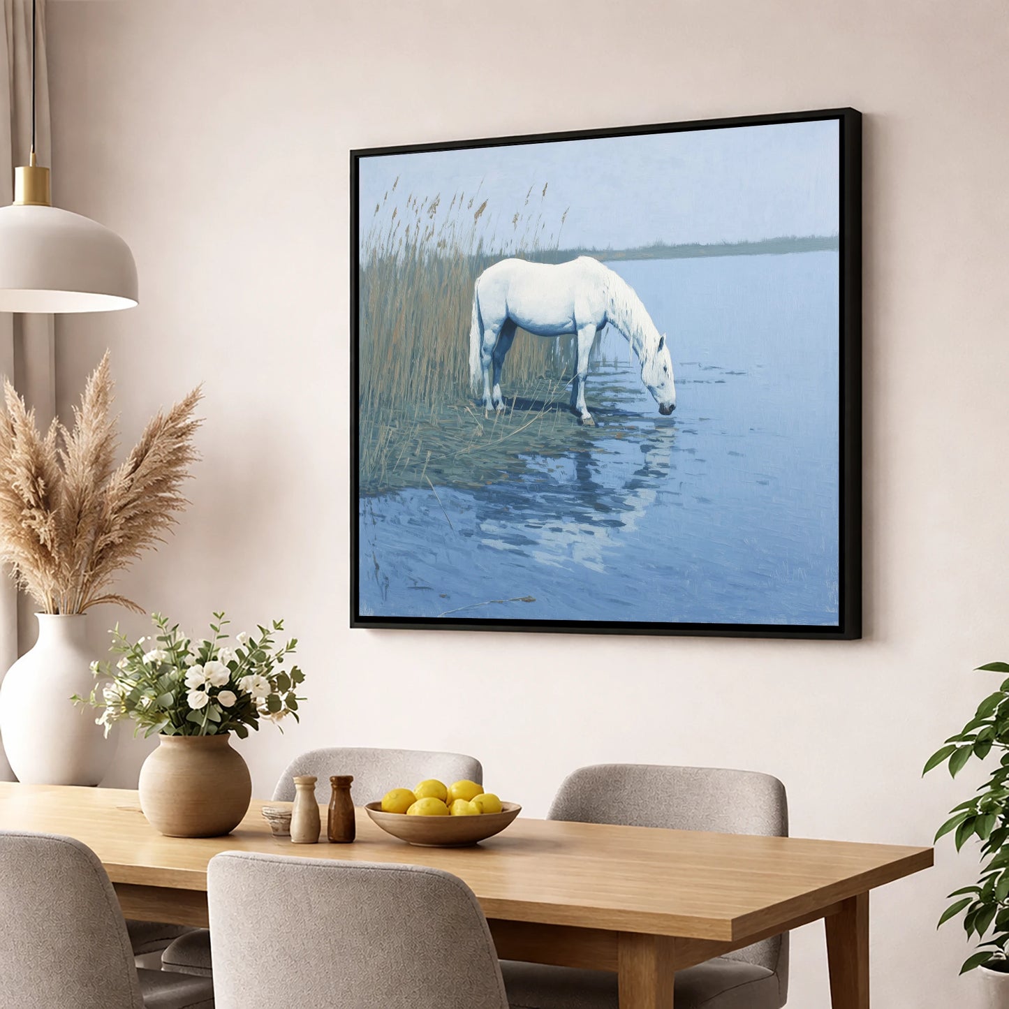 Quiet Marshland Waters horse landscape wall art displayed in a dining room