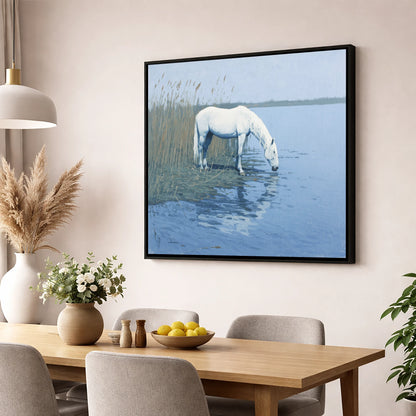 Quiet Marshland Waters horse landscape wall art displayed in a dining room