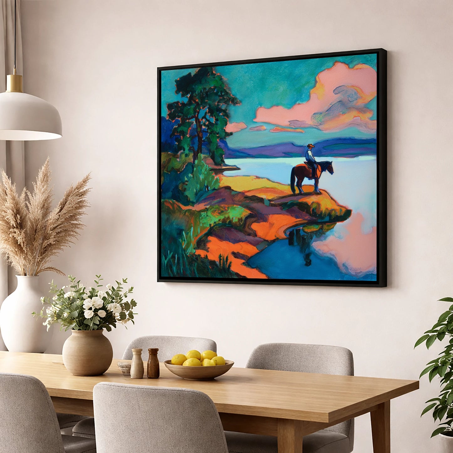 The Violet Shoreline beach horse wall art displayed in a dining room
