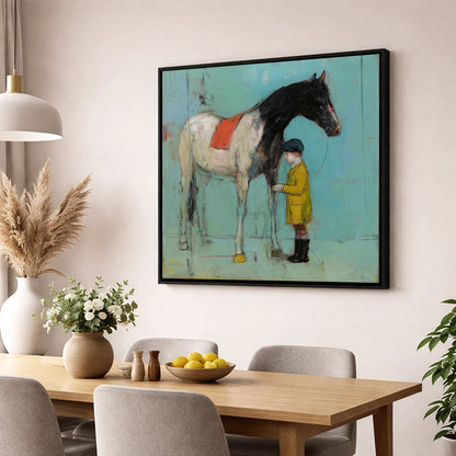 A Quiet Understanding horse & rider wall art displayed in a dining room