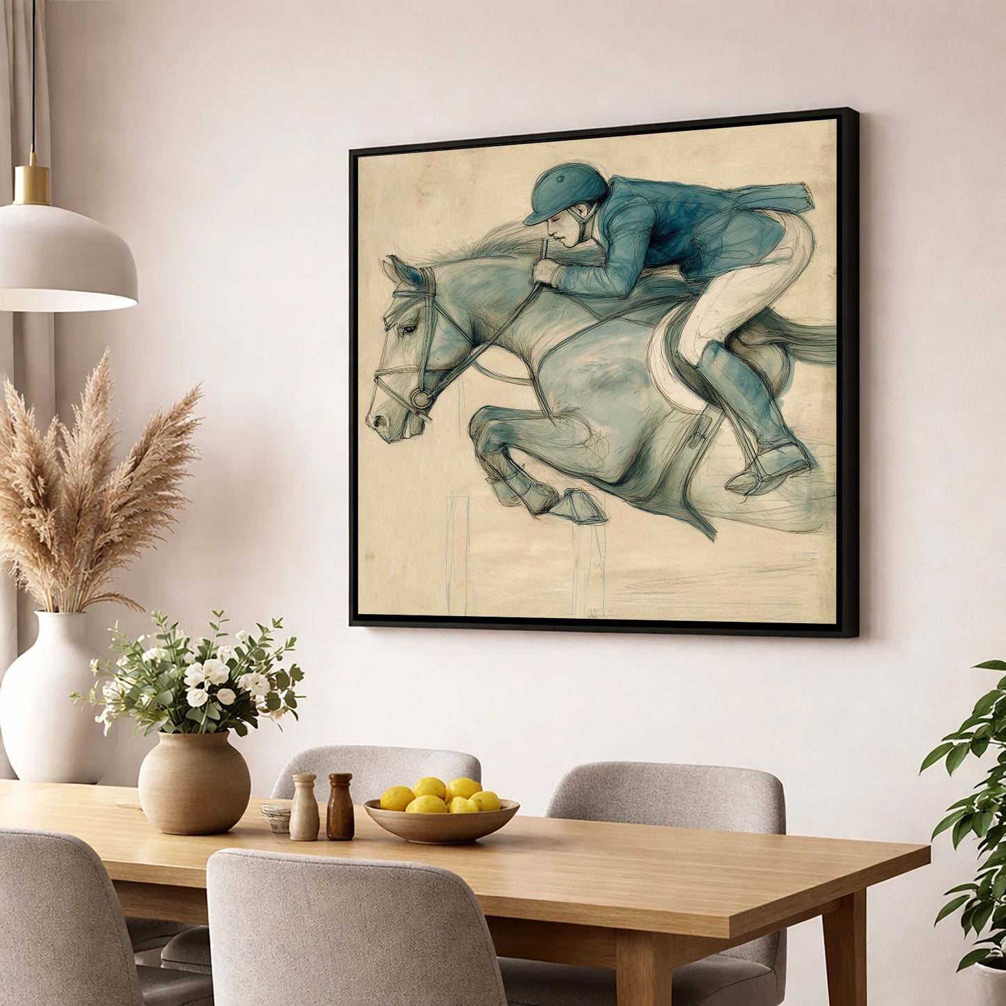 The Perfect Arc show jumping horse wall art displayed in a dining room