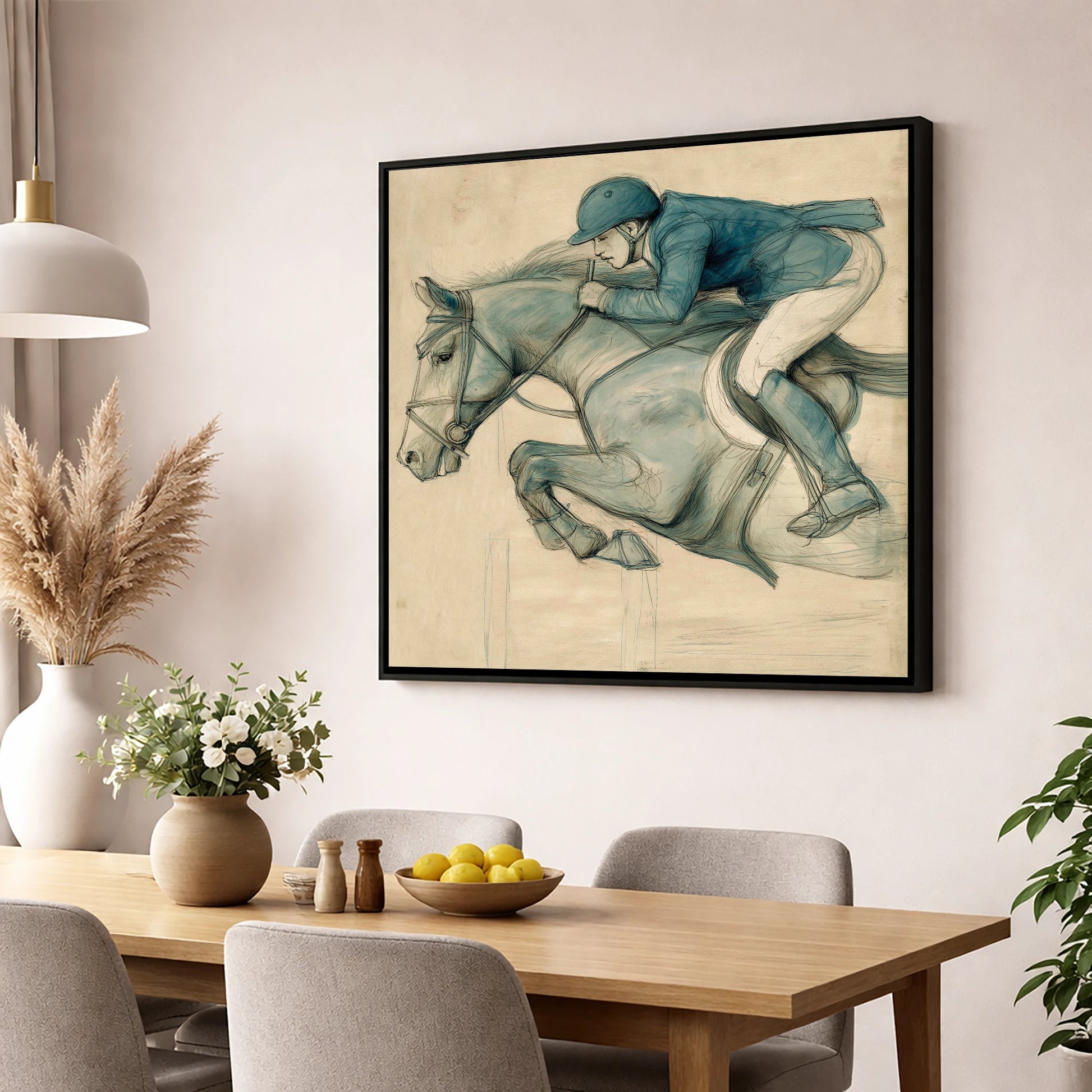 The Perfect Arc show jumping horse wall art displayed in a dining room