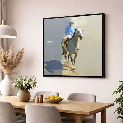 Blue Silks and Shadows racing horse wall art displayed in a dining room