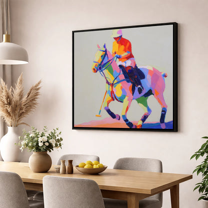 Vibrant Polo Pace polo horse wall art displayed in a dining room