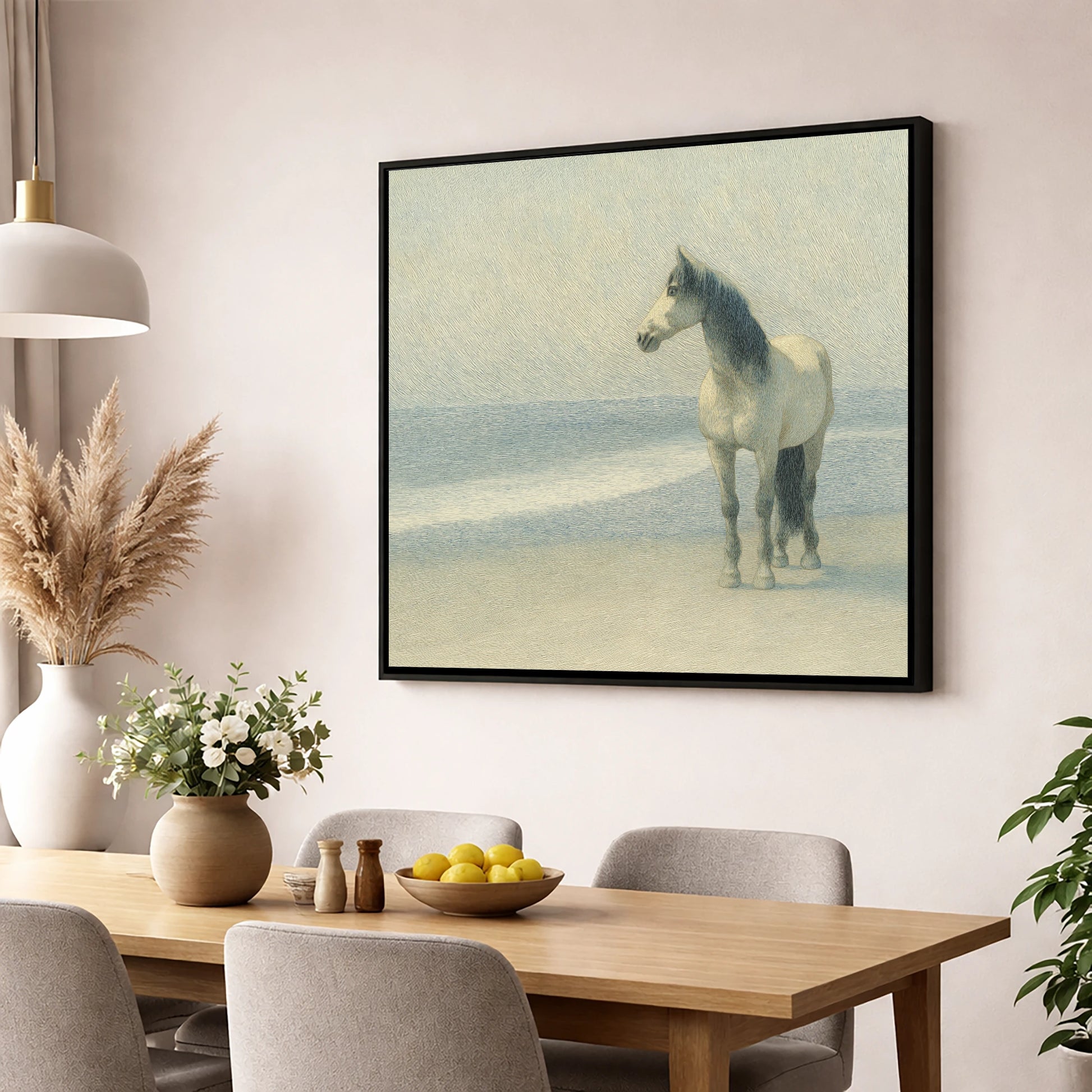Solitary Shoreline Grey horse landscape wall art displayed in a dining room