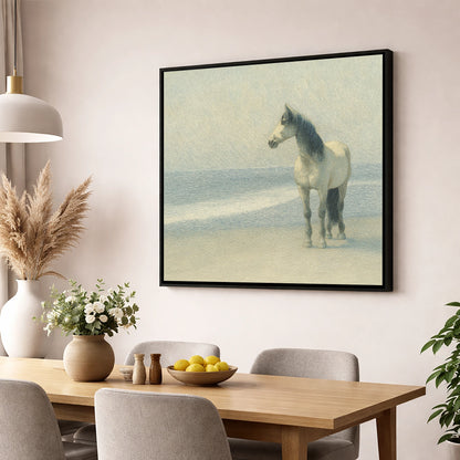 Solitary Shoreline Grey horse landscape wall art displayed in a dining room