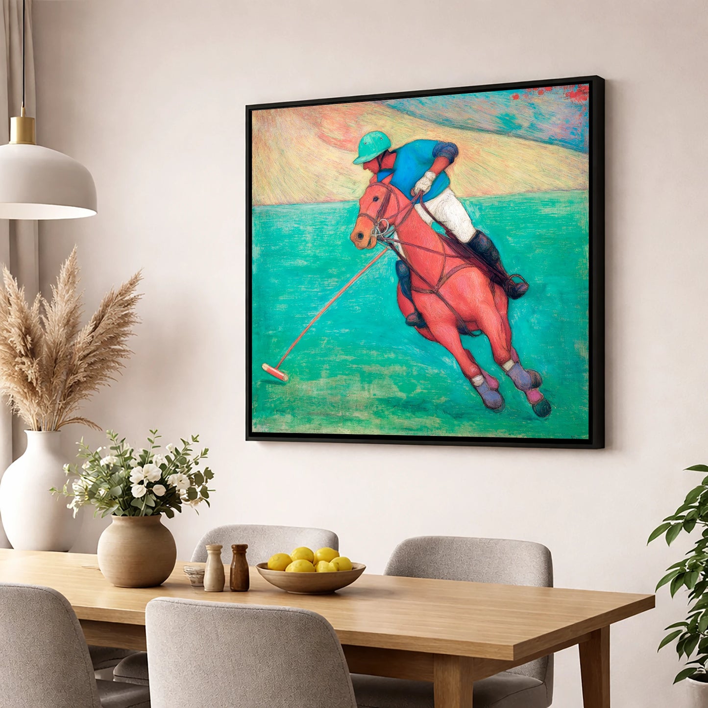 The Crimson Chukka polo horse wall art displayed in a dining room