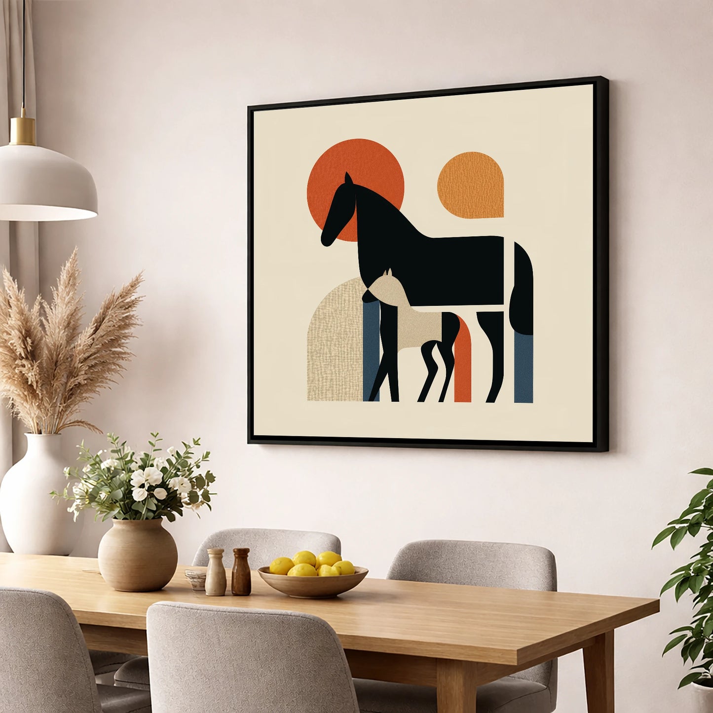 Modernist Matriarch mare & foal wall art displayed in a dining room