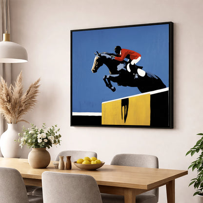 Suspended in Blue show jumping horse wall art displayed in a dining room
