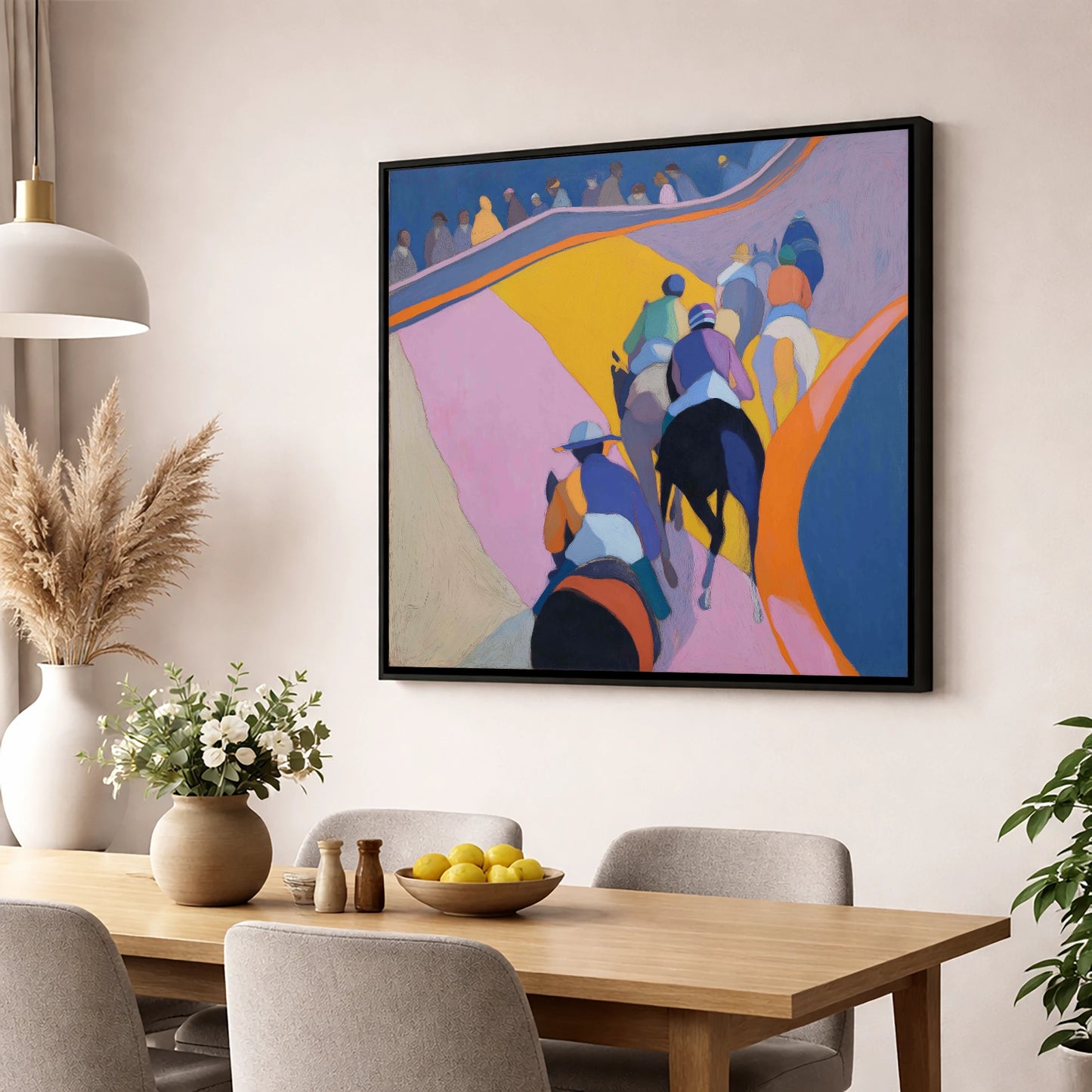 Heading To The Post racing horse wall art displayed in a dining room