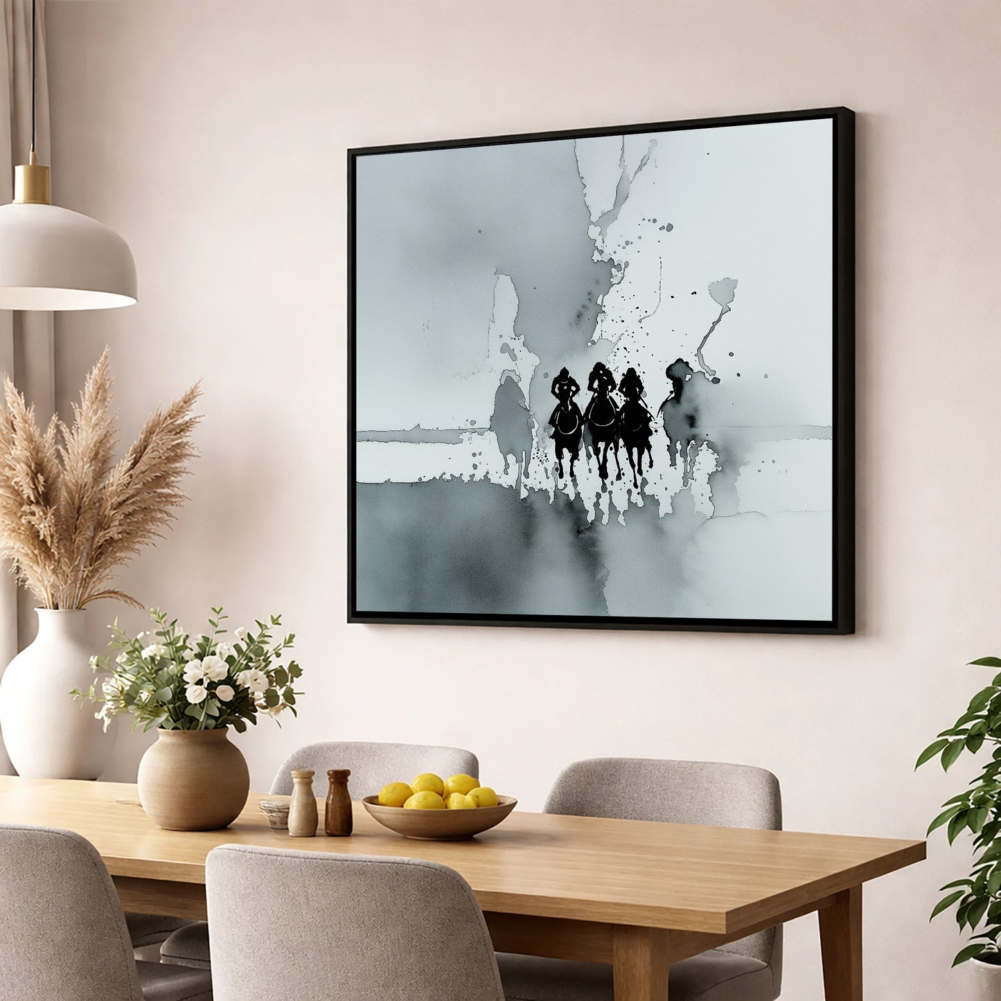 The Dawn Run racing horse wall art displayed in a dining room
