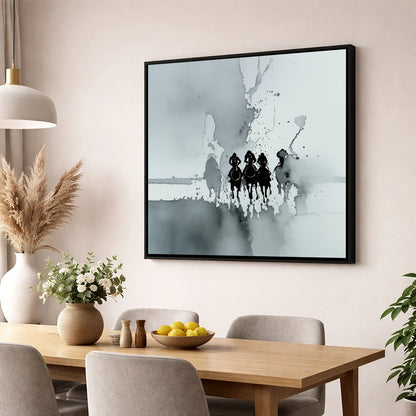 The Dawn Run racing horse wall art displayed in a dining room