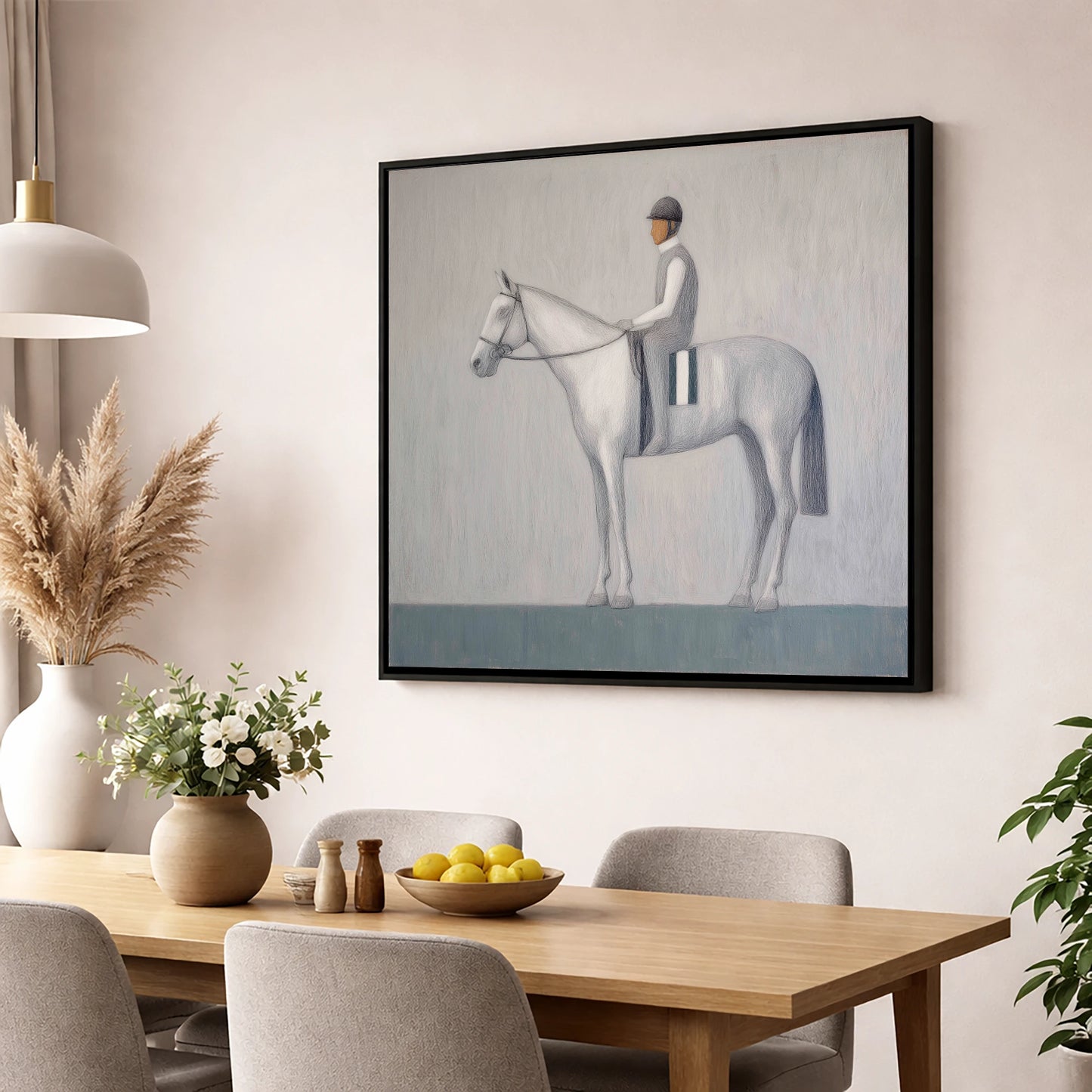 Serenity Before the Start racing horse wall art displayed in a dining room