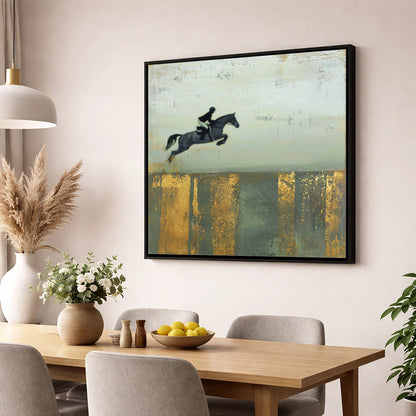 Flight Over Gold show jumping horse wall art displayed in a dining room