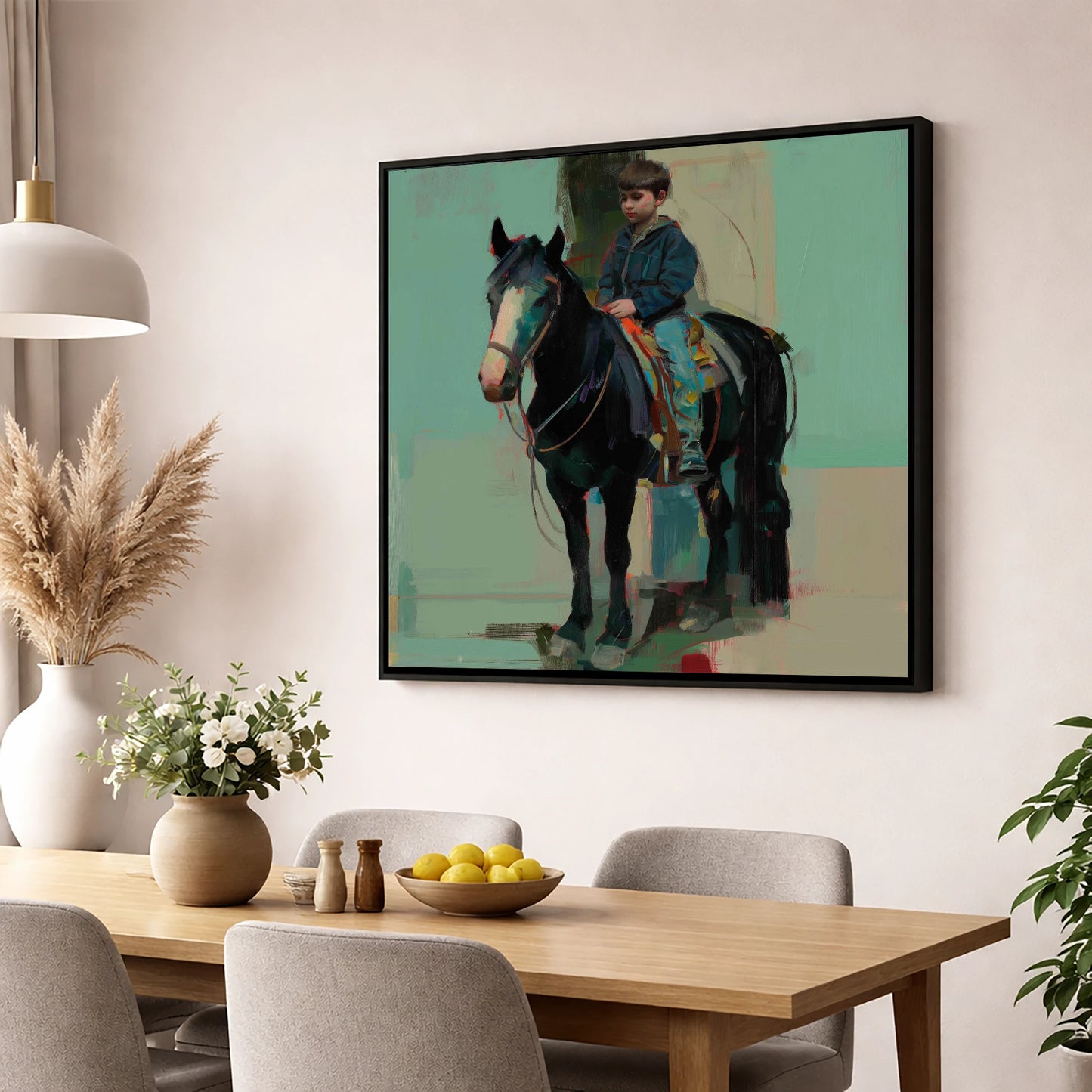 The Quiet Partnership horse & rider wall art displayed in a dining room