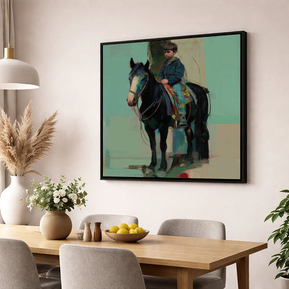 The Quiet Partnership horse & rider wall art displayed in a dining room