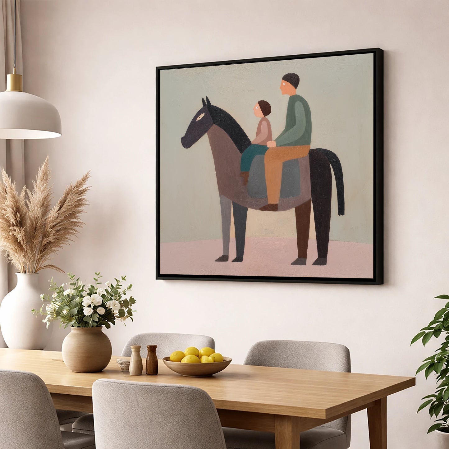The Quiet Hack horse & rider wall art displayed in a dining room