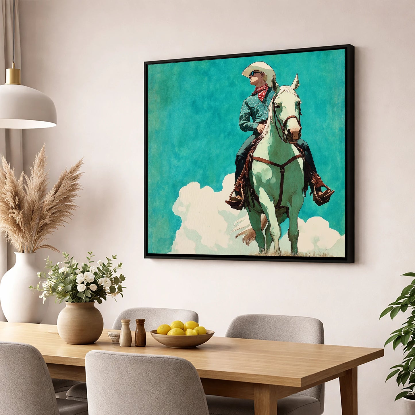 Teal Sky Rider western horse wall art displayed in a dining room