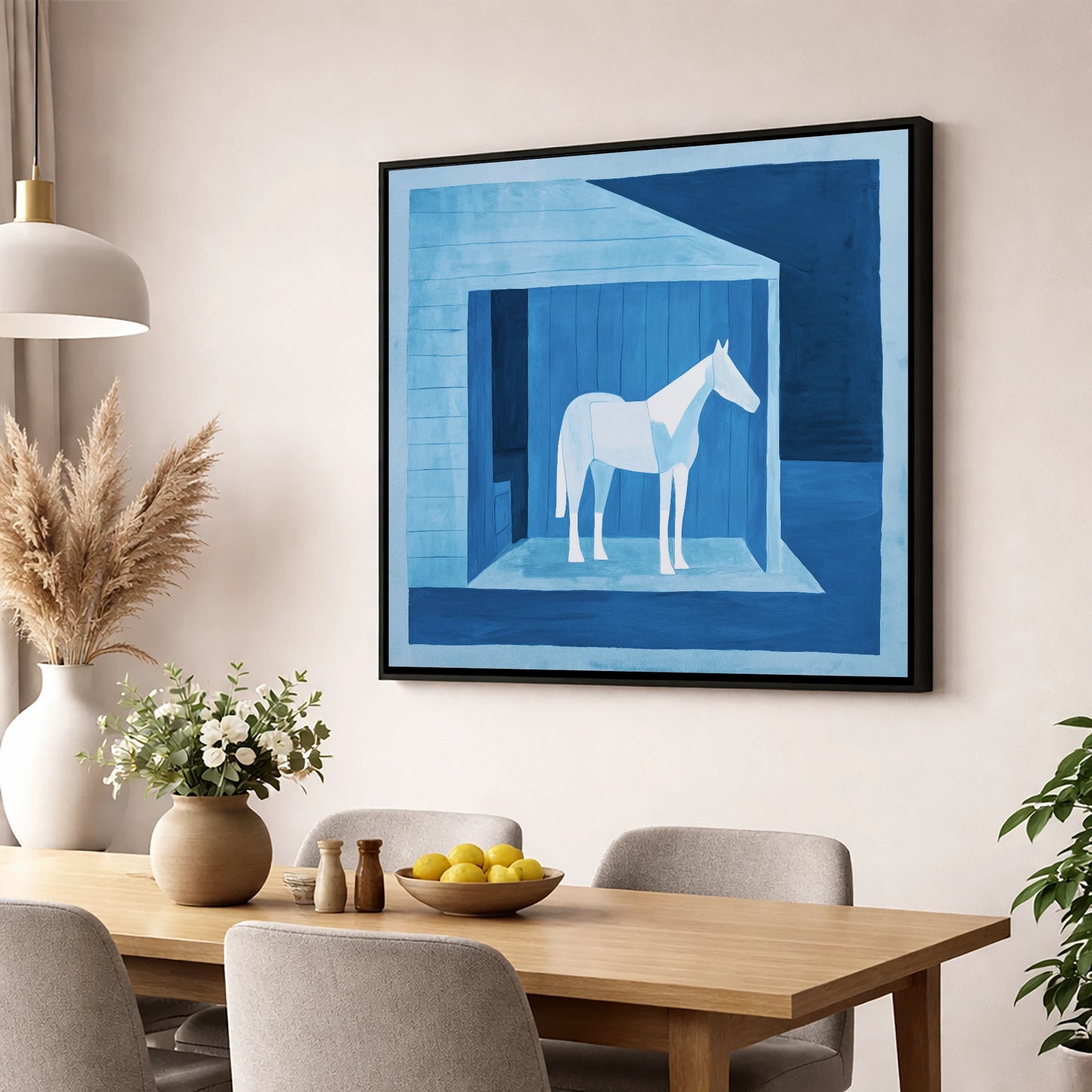Azure Shelter horse stable wall art displayed in a dining room
