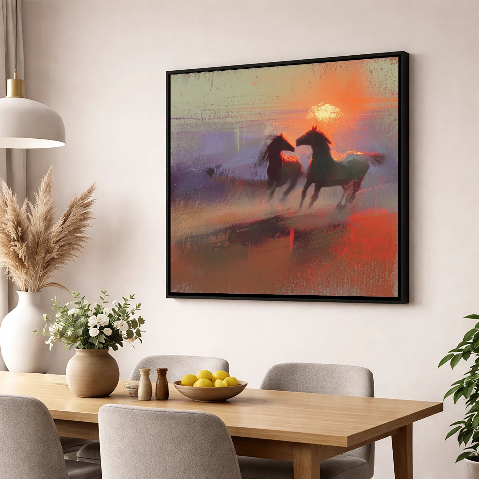 Untamed at Dusk wild horses wall art displayed in a dining room