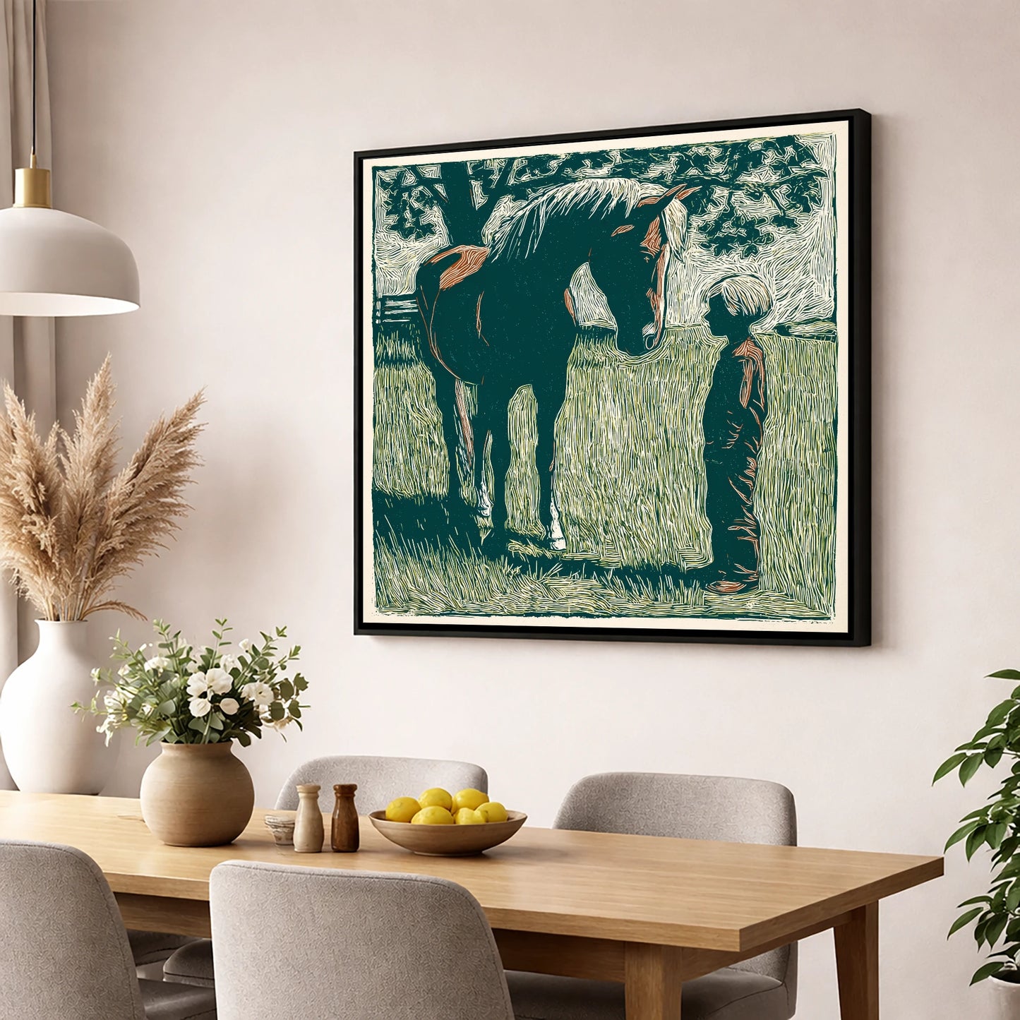 Kindred Spirits horse & rider wall art displayed in a dining room
